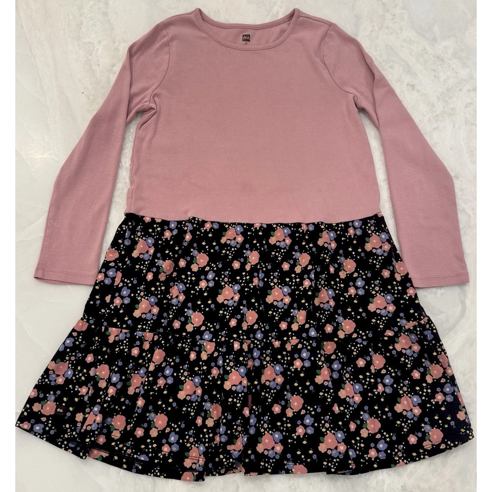 Tea Collection Girls Size 14 Pink Floral Tiered Long Sleeve Dress 100% Cotton